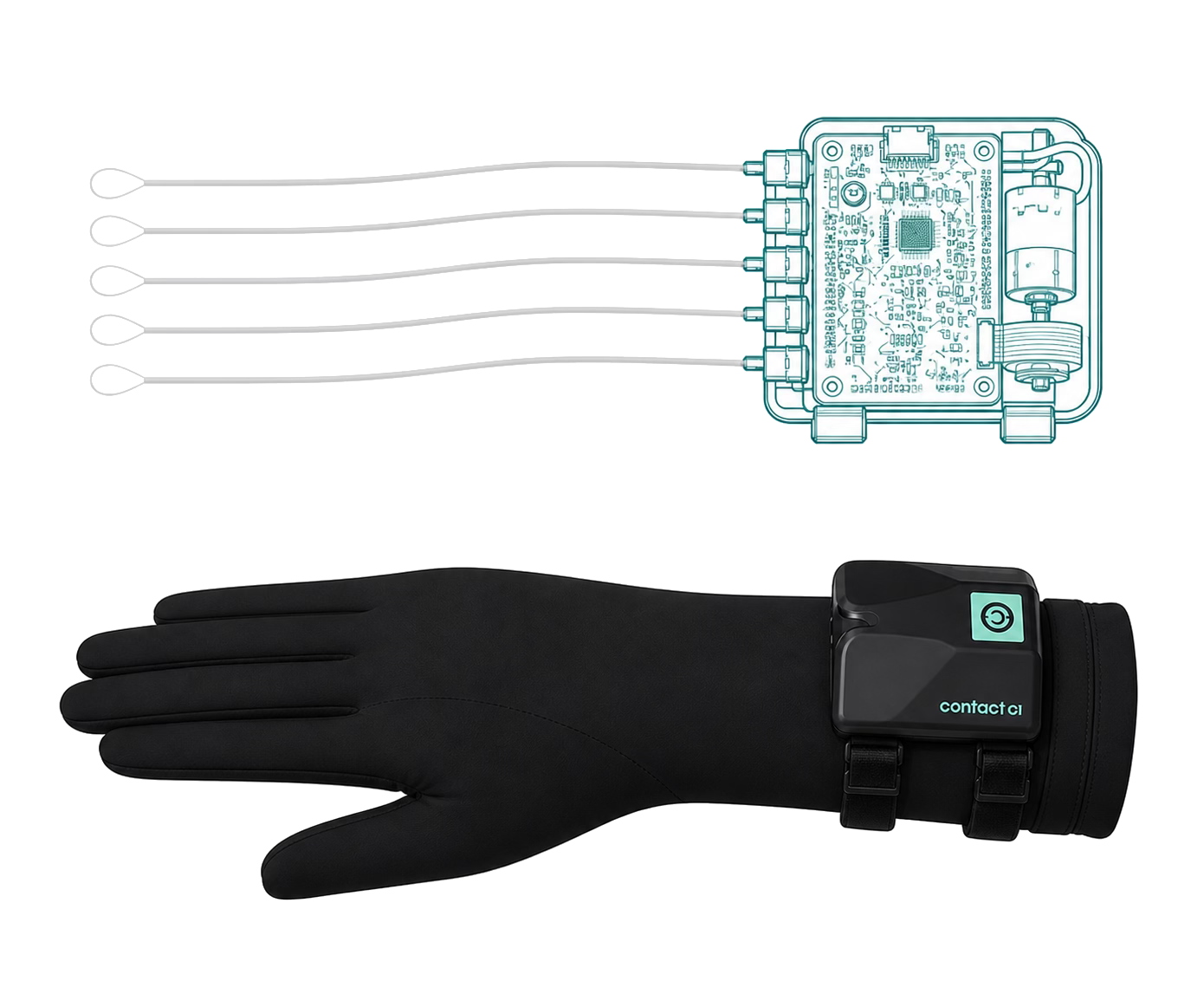 Maestro EP exotendon system: wrist module cutaway with tendon lines and spool, above the production haptic glove with wrist-mounted CONTACT control module