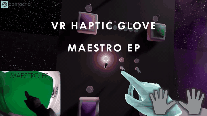 VR simulation training: operator wearing Maestro EP haptic glove and headset in a tactical simulation environment.